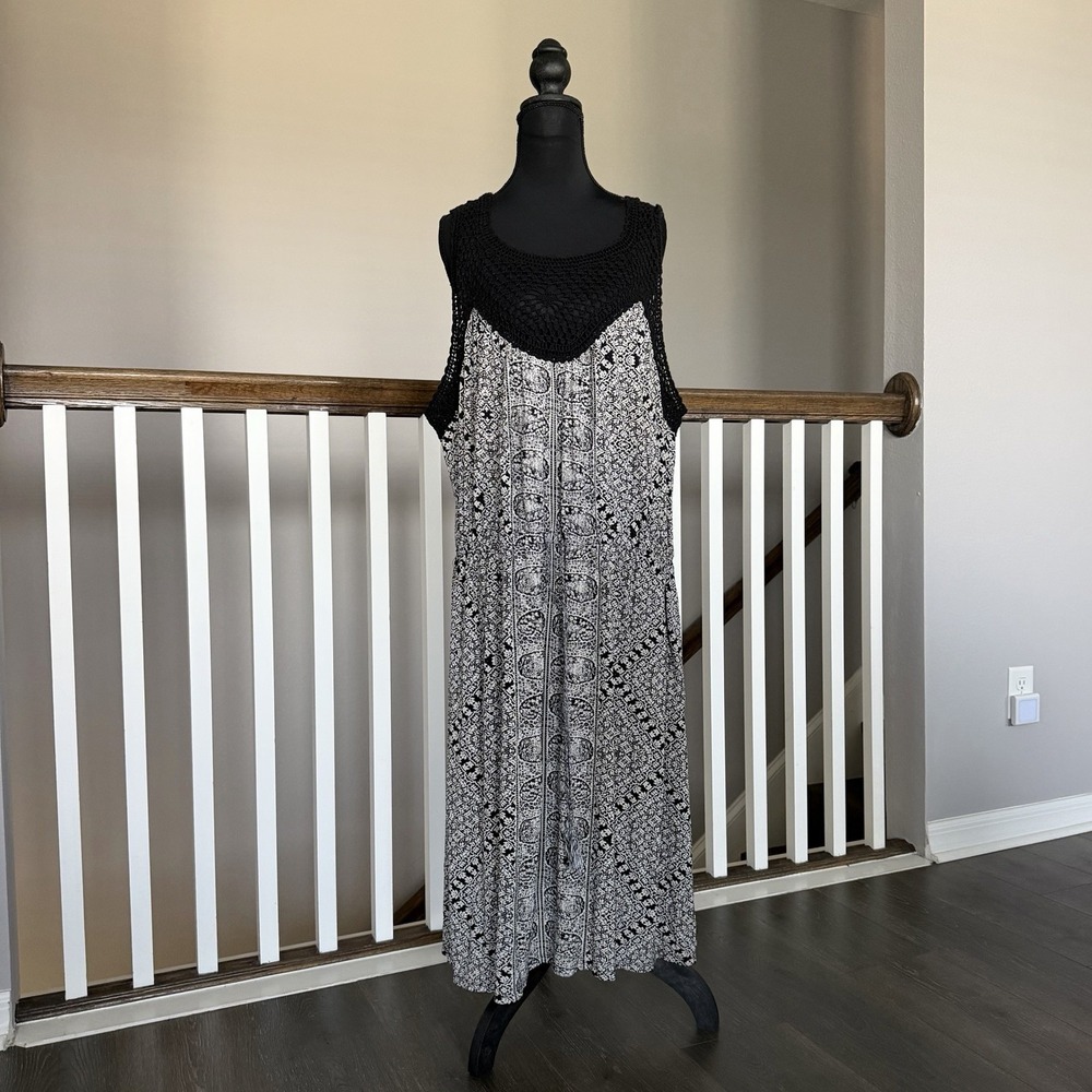 Lucky Brand Sleeveless Crochet Dress Drawstring Tassel 3X Boho Cottage Beach